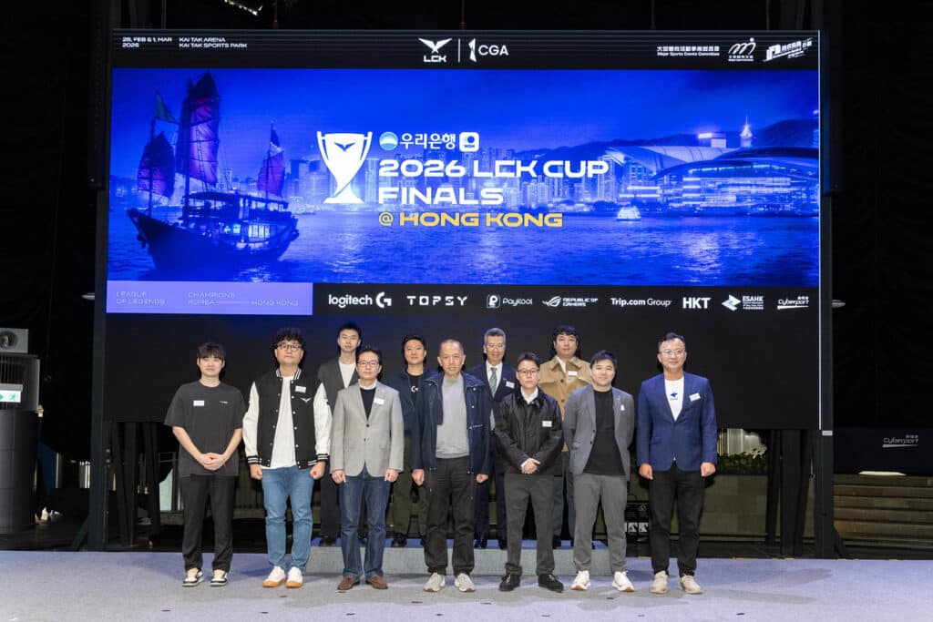 Image of LCK representatives standing in front of 2026 LCK Cup Finals sign in background