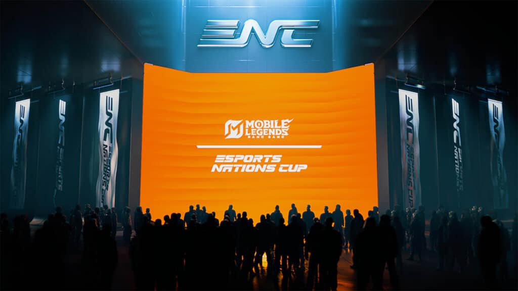 Image of Mobile Legends: Bang Bang above Esports Nations Cup logo on an orange background. Above the two logos are the Esports Nations Cup initials in front of a crowd of people in the foreground