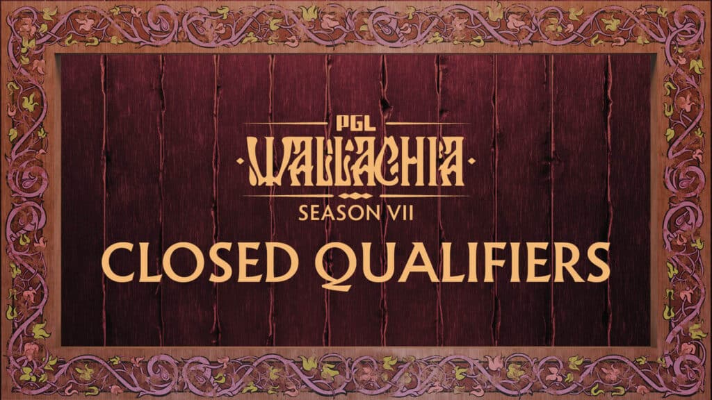 Image of PGL Wallachia Season 7 logo on a dark wooden background surrounded by a border of purple woven plants