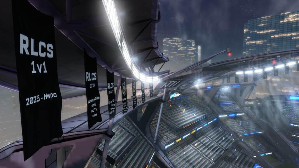 Image of Rocket League stadium displaying black RLCS in-game banners