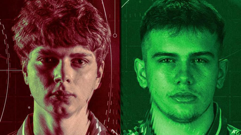 Image of Team Falcons Counter-Strike 2 players Kyousuke and Nucleonz on red and green backgrounds