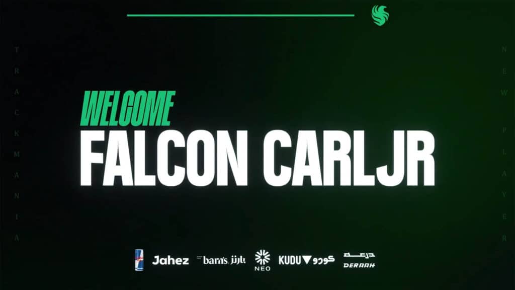 Image of green and white text on a dark green background. At the bottom of the image are the logos of Team Falcons partners