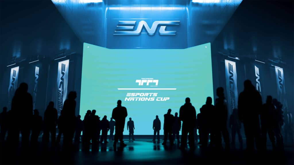 Image of Trackmania and Esports Nations Cup logos on a blue background. The Esports Nations Cup initials are above the blue screen surrounded by a crowd of people