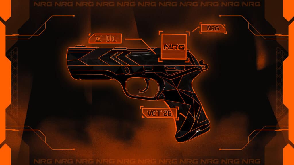 Image of VALORANT Champions Tour NRG 2026 skin on a black and orange background