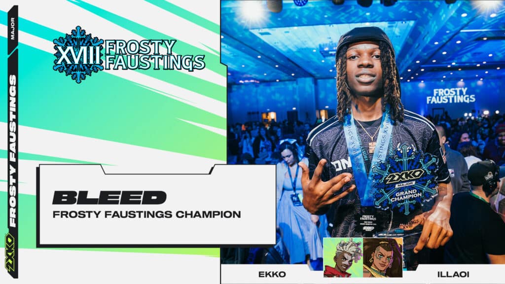 2XKO pro player bleed holding champion trophy at Frosty Faustings XVIII festival graphic