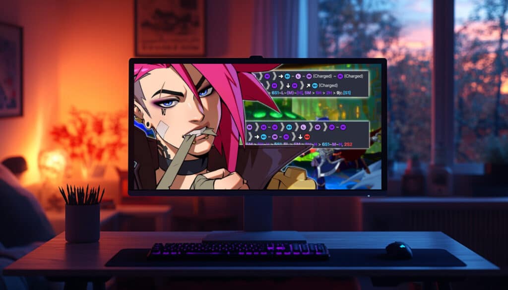 A close-up of Vi from 2XKO in front of the Zaun map and two of her combo inputs