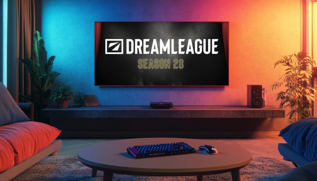 A modern living room setup with a TV screen displaying the DreamLeague Season 28 logo, symbolising the online-only Tier 1 Dota 2 tournament taking place in Europe.