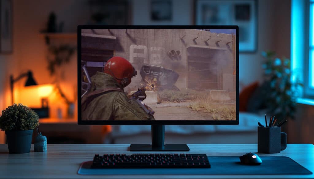 Arc Raiders gameplay shown on a monitor with a character aiming a weapon