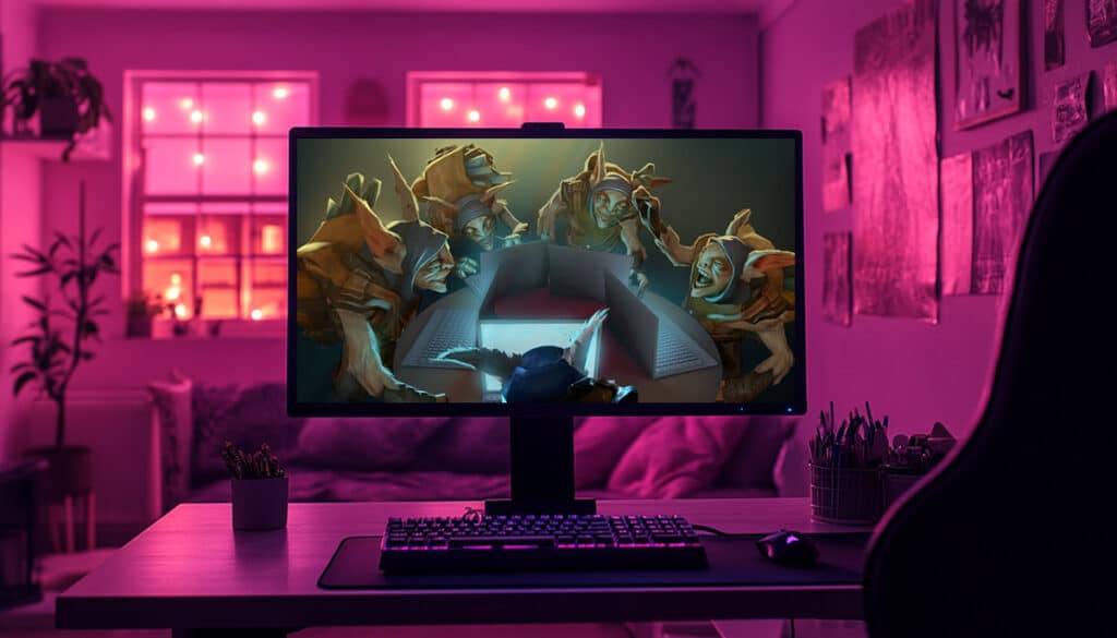 Meepo characters gathered around a computer screen in Dota 2 artwork