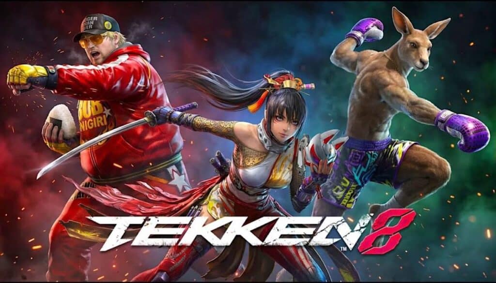 Promotional Tekken 8 image showing Bob, Kunimitsu, and Roger Jr. in combat poses, representing Season 3’s planned “back to basics” character additions discussed by pro players.