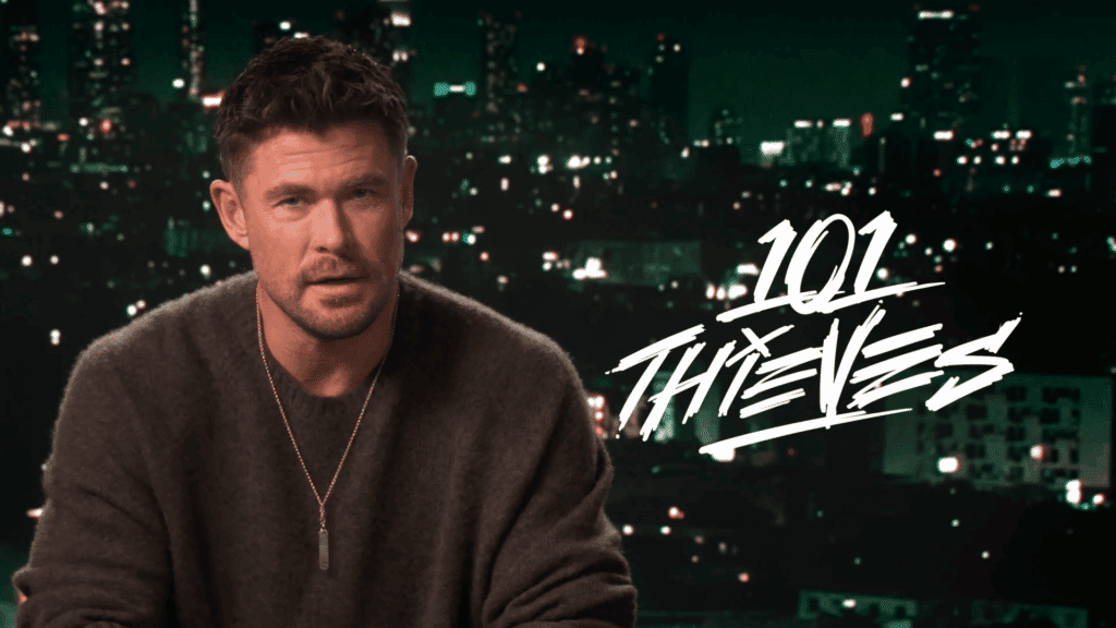 chris hemsworth next to text that says 101 thieves