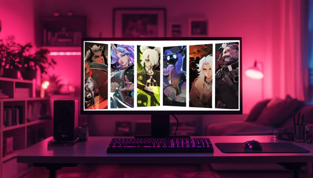 Deadlock Old Gods, New Blood heroes lineup shown on a widescreen monitor