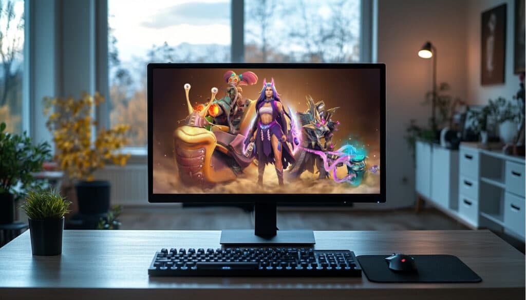 Dota 2 hero artwork displayed on a PC monitor showing multiple playable heroes from the game