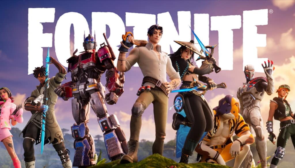Fortnite characters standing together with the Fortnite logo in the background