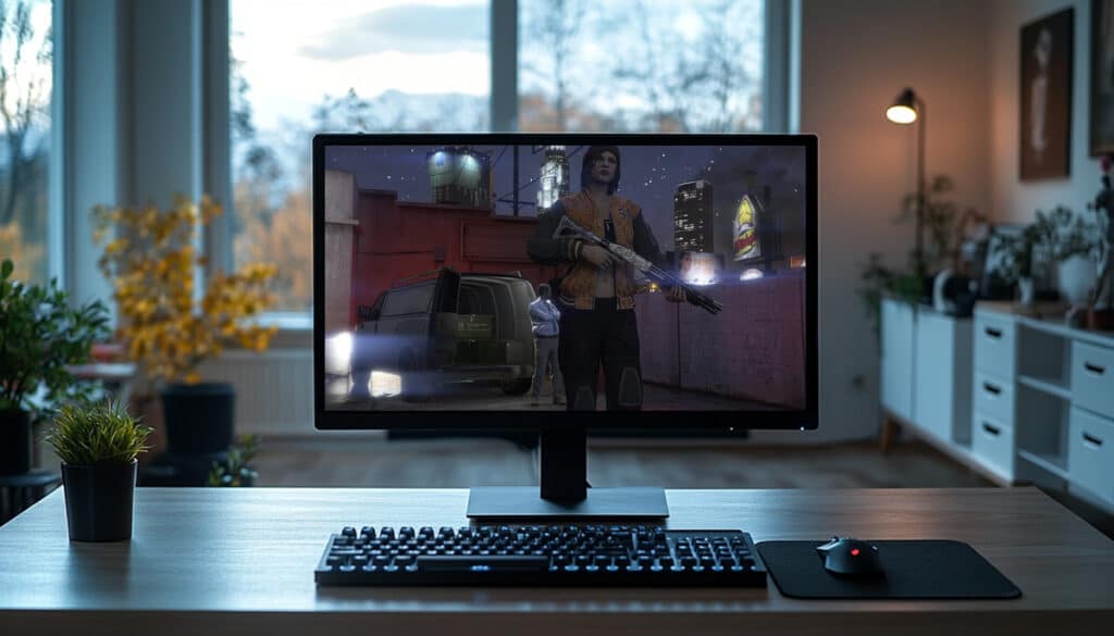 GTA Online gameplay shown on a monitor with armed characters near a van