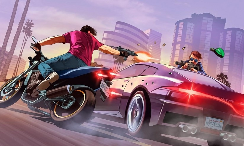 An illustration of a man on a motorcycle chasing and shooting at a purple sports car on a city street, while a person in the car returns fire in GTA