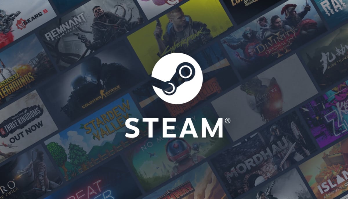 An image featuring the Steam logo over a collage of game cover art. Visible game covers include Gears 5, Remnant: From the Ashes, PlayerUnknown's Battlegrounds (PUBG), Three Kingdoms, Counter-Strike, Stardew Valley, Divinity Original Sin 2, Mordhau, and Islands of Nyne