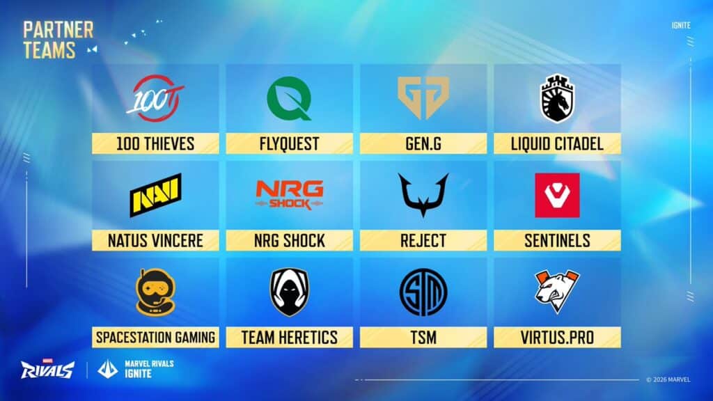 Marvel Rivals 2026 partner teams infographic featuring esports team logos