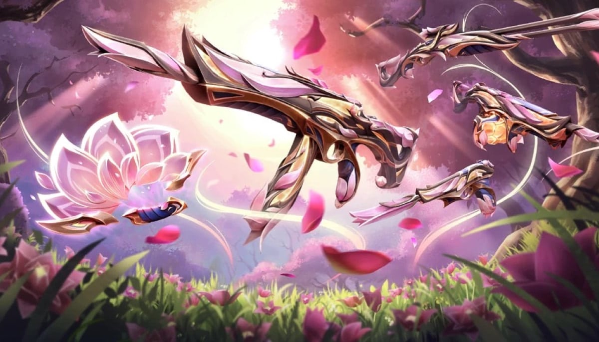 An image of the Mystbloom Collection weapon skins from the game Valorant, featuring several elegant, pink and gold, floral-themed firearms and a kunai-style melee weapon set against a bright, cloudy sky with pink flower petals