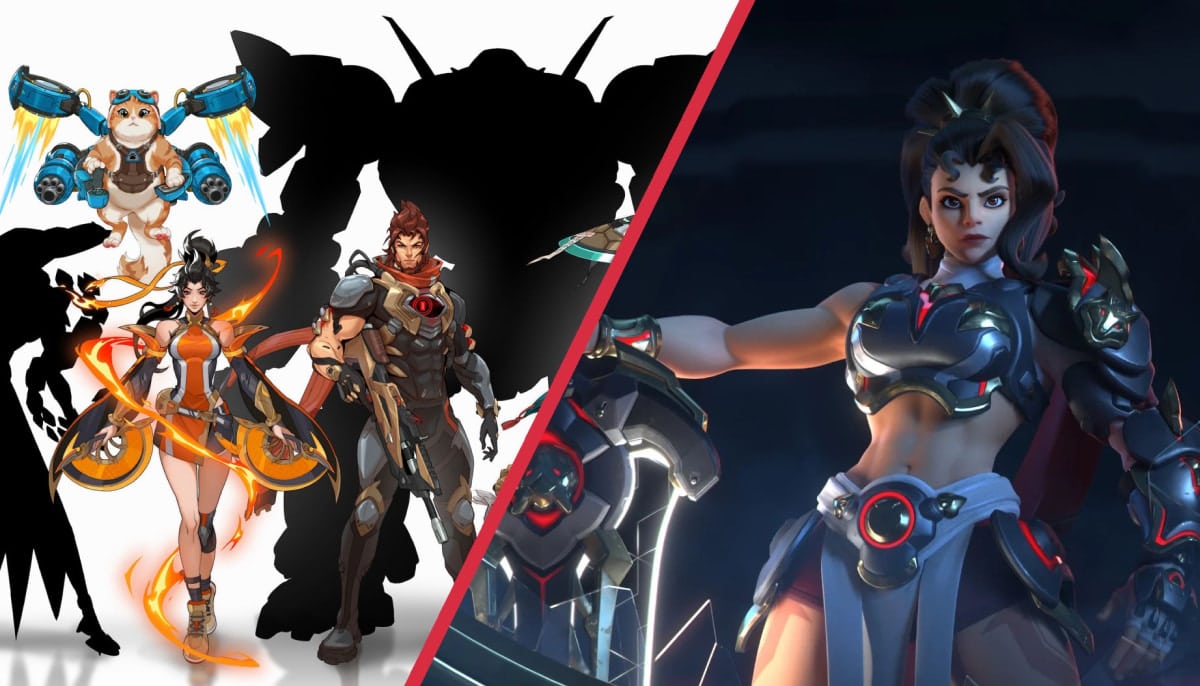 An image split diagonally, showcasing several new Overwatch characters on both sides. On the left side, stylized character art is shown featuring Jetpack Cat, Anran, Emre. On the right side, a more realistic rendering of Vendetta