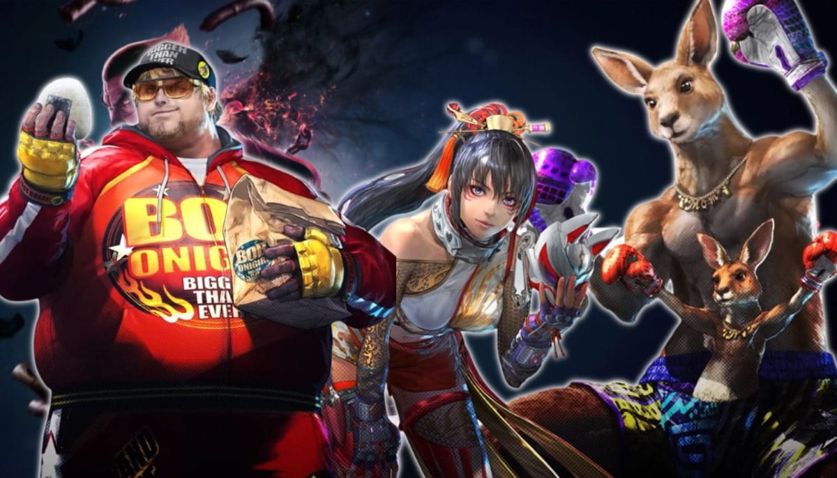 The image displays the three confirmed returning characters for the Tekken 8 Season 3 update. From left to right, the characters featured are: Bob Richards, Kunimitsu II, Roger Jr.