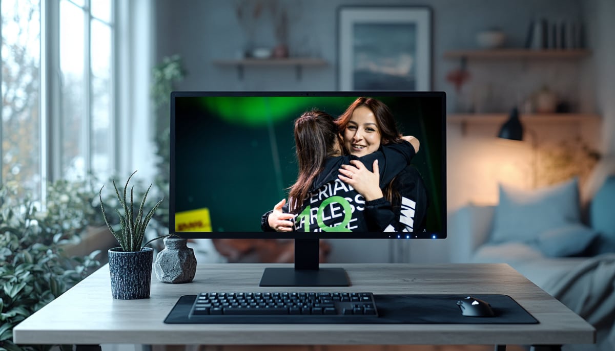 A computer monitor sits on a wooden desk in a bright room, displaying a scene from an esports event where two female players wearing team jerseys are embracing in a celebratory hug. The woman facing the camera has "IMPERIAL" and "FEARLESS" text visible on her shirt