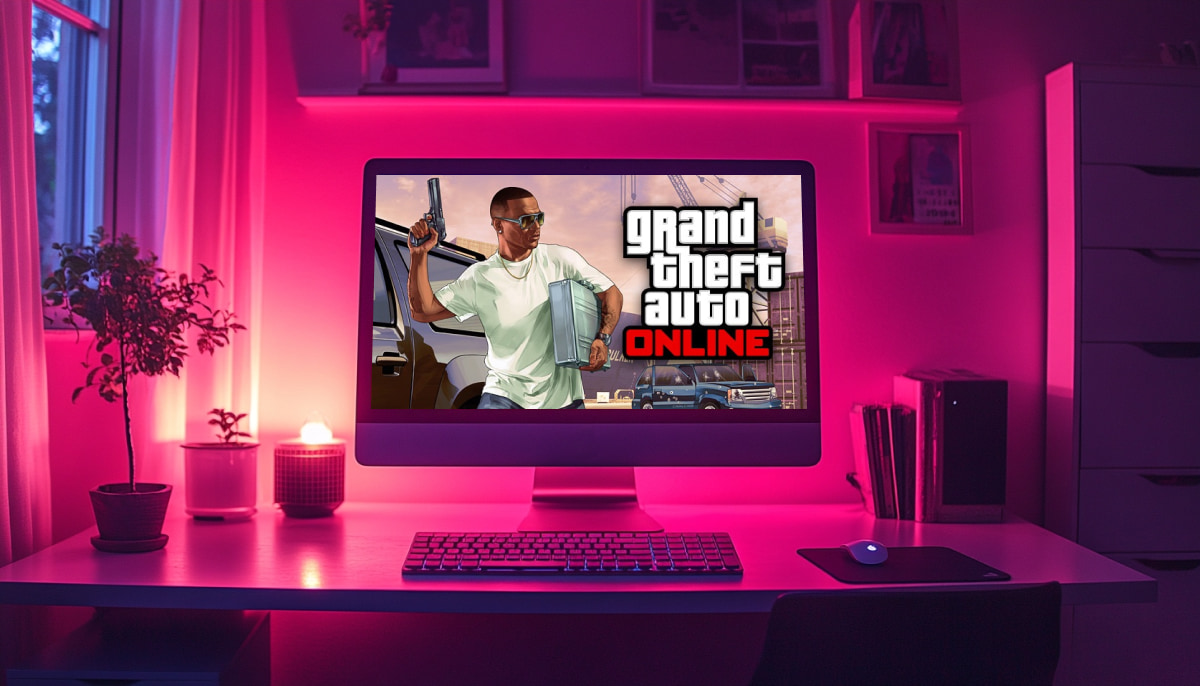 The image displays a computer monitor showing official promotional artwork for the video game Grand Theft Auto Online. The character in the image is a custom player character from the game