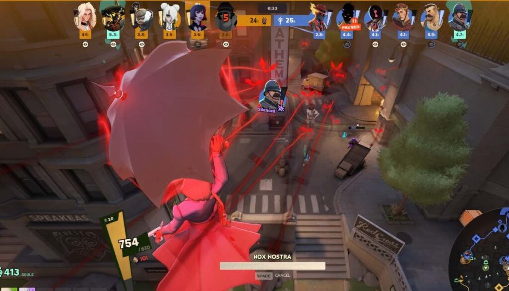 Overhead view of Mina Ha activating Nox Nostra in Deadlock, raining spirit damage from above while controlling the fight.