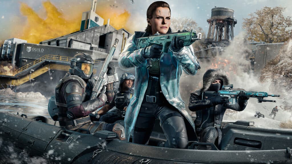 Image of Call of Duty players holding weapons while travelling in small boat