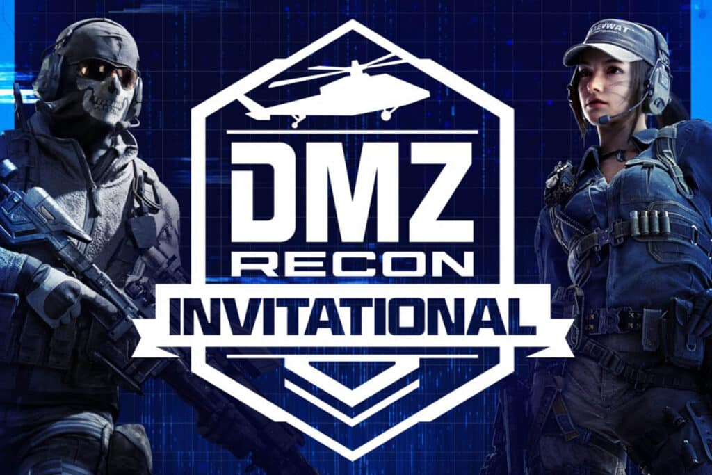 Image of Call of Duty Mobile characters standing next to DMZ Recon Invitational logo on a dark blue background