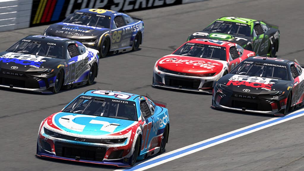 Image of iRacing NASCAR cars racing around Charlotte Motor Speedway