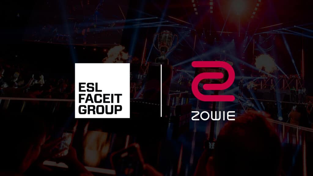 Image of ESL FACEIT Group and ZOWIE logos on a background of an esports stage