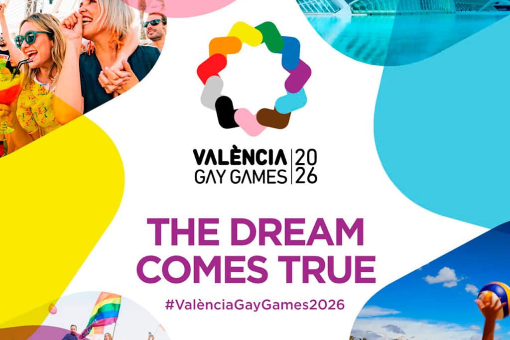 Image of Gay Games Valencia 2026 logo on a multicoloured background above purple text. People are celebrating in the top left of the image.