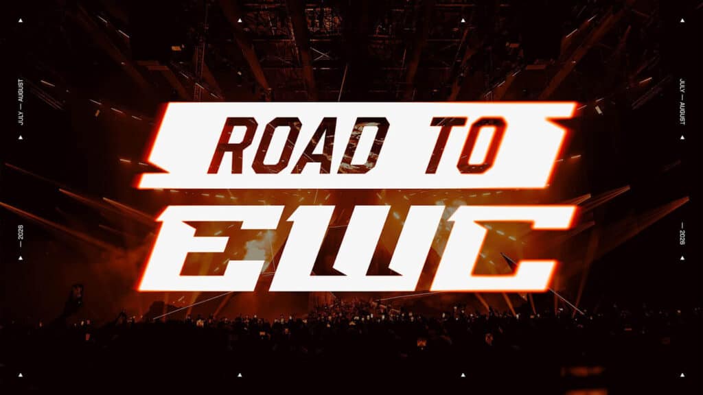 Image of Road to EWC logo on a black and orange background of an esports stage