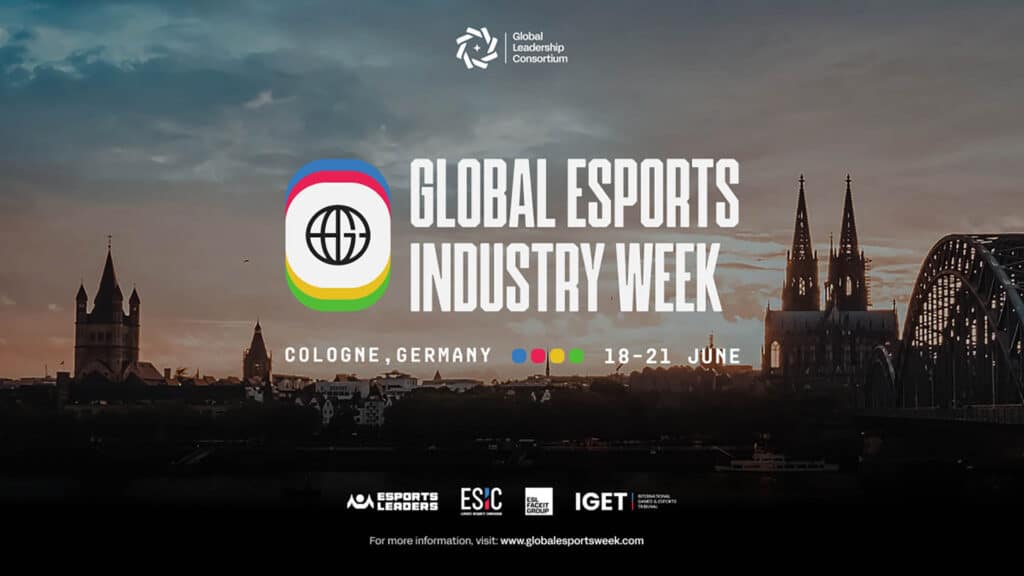 Image of Global Esports Industry Week logo with Cologne skyline in the background. The Esports Leaders, ESIC, ESL FACEIT Group and IGET logos are at the bottom of the image