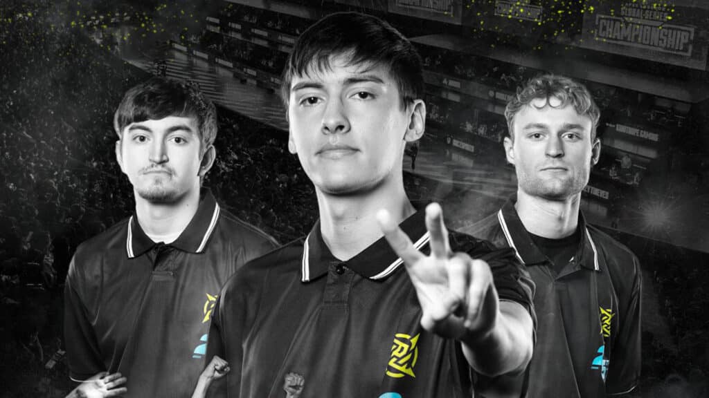 Image of Ninjas in Pyjamas Apex Legends roster posing while wearing jerseys. The image has a black and white filter with the Ninjas in Pyjamas logo in yellow