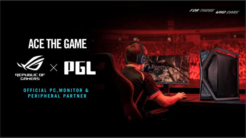 Image of ASUS ROG and PGL logos on a background of an esports player competing in a tournament using ASUS ROG peripherals
