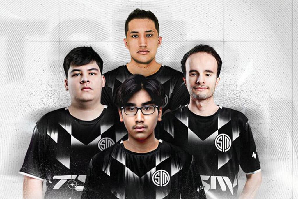 Image of TSM Rocket League roster wearing black and grey jerseys on a light grey background