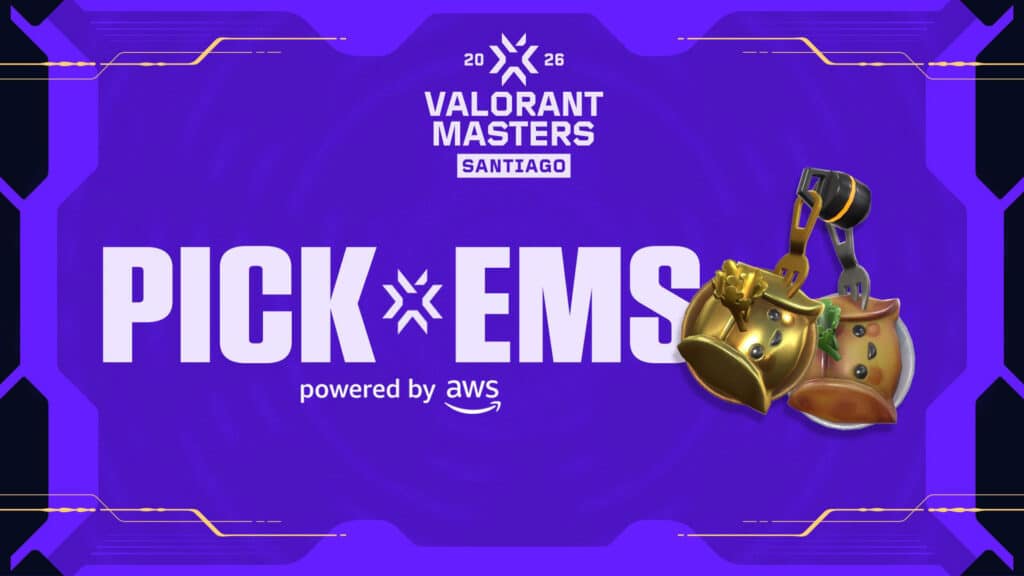 Image of VCT Masters Santiago logo above white text and a VALORANT weapon charm on a purple background