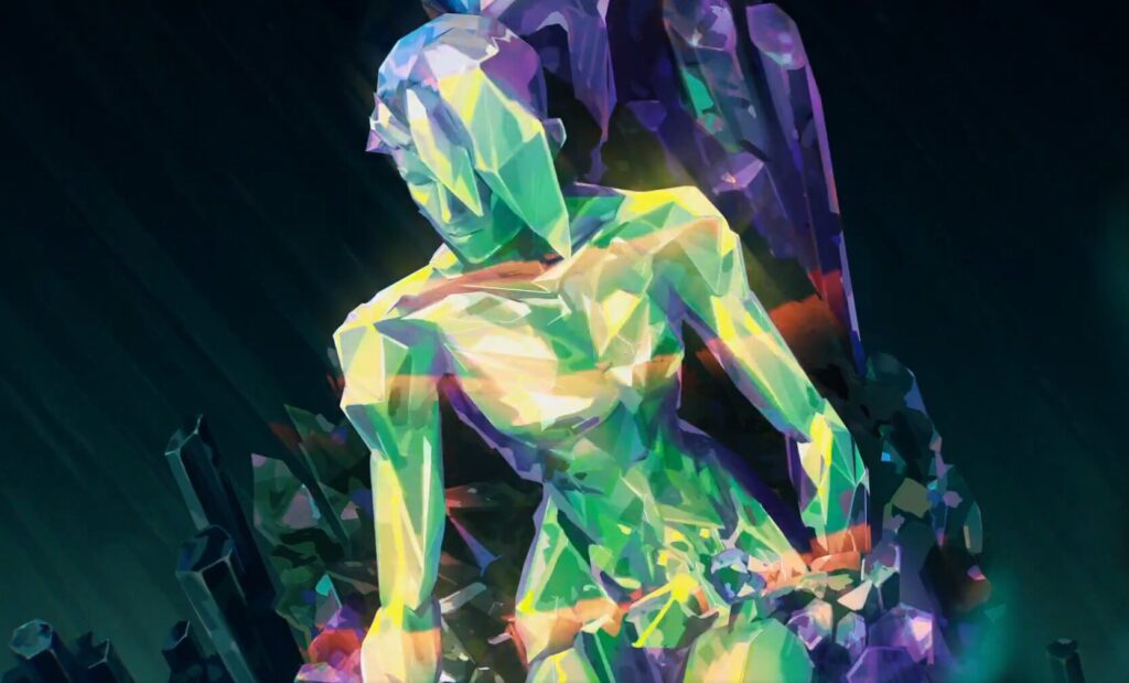 Crystal-like humanoid figure in a VALORANT cinematic scene