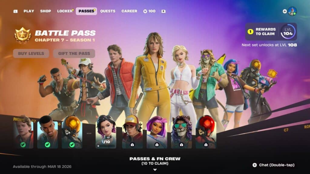 Battle Pass screen for Fortnite Chapter 7 Season 1 showing character rewards