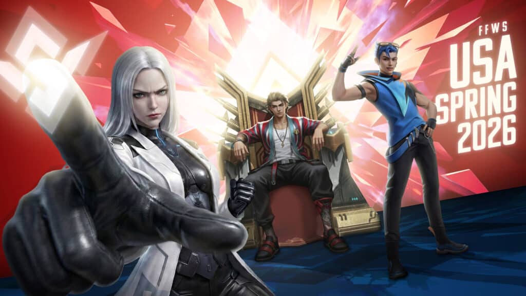 Image of Free Fire characters posing and sitting on throne on a red and gold background
