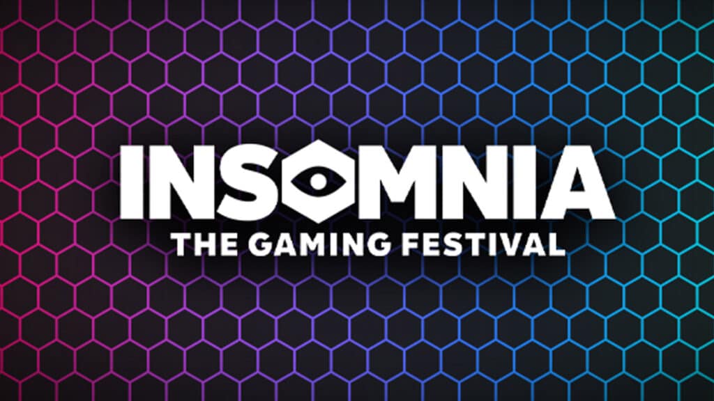 Image of Insomnia Gaming Festival logo on a multicoloured honeycomb background