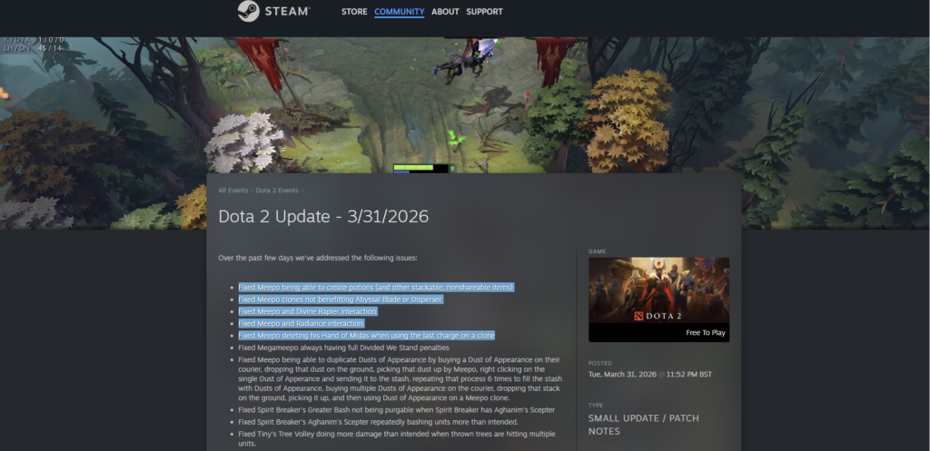 screenshot of dota 2 update on 3/31/2026 on steam