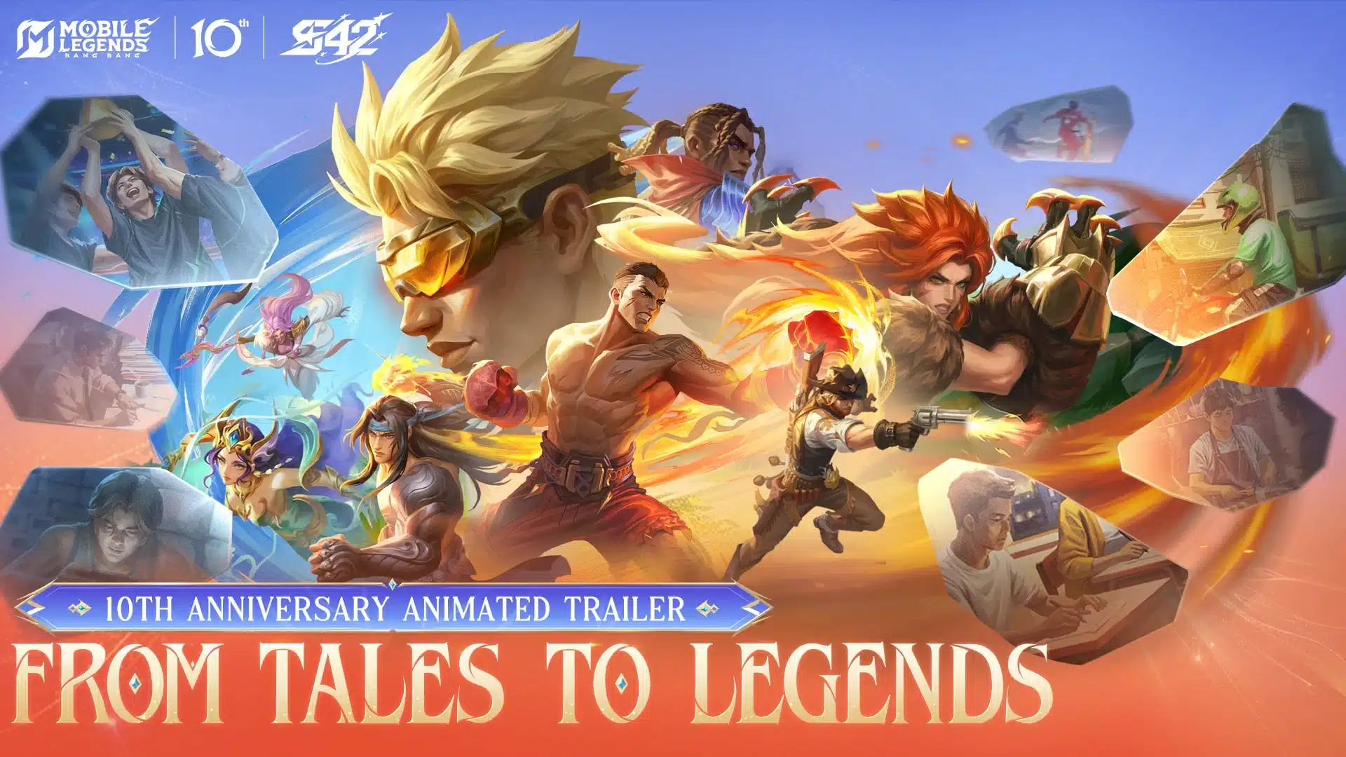 Promotional artwork for Mobile Legends: Bang Bang featuring various game characters and the 10th anniversary logo.