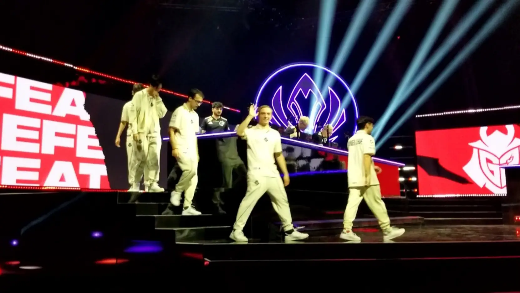 G2 Esports players walking onto the stage at the 2025 Mid-Season Invitational.