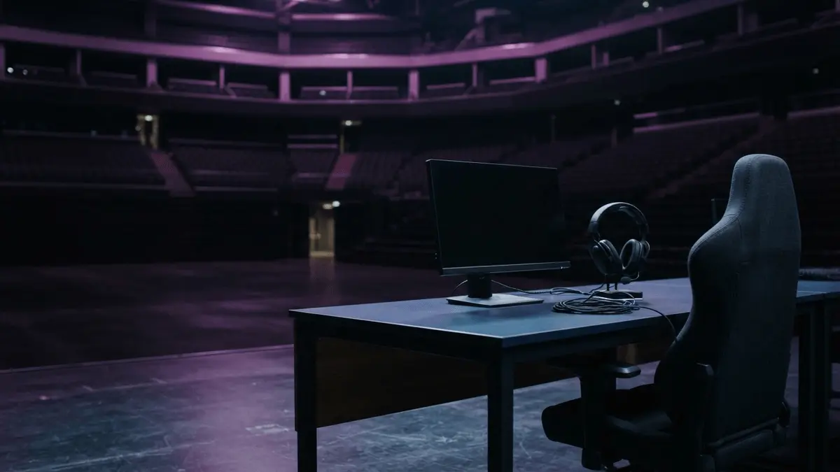 Empty esports stage with a powered-down gaming station after an organisation shuts down