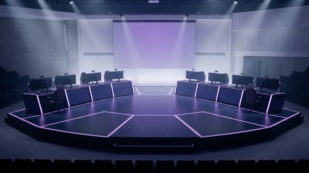 Esports arena stage with ten illuminated player stations representing the LEC's return to its classic format