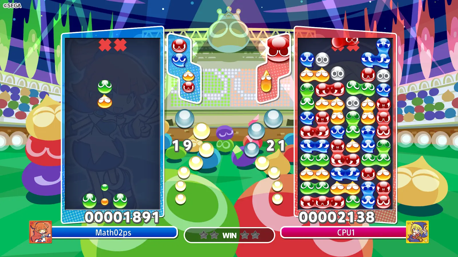 Gameplay screen of Puyo Puyo Champions showing two players competing in a puzzle match.