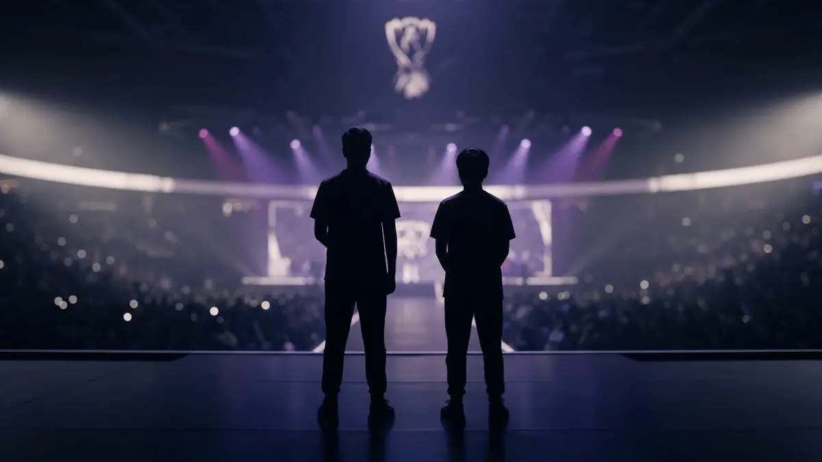 Silhouetted esports players celebrate Invictus Gaming securing the LPL’s final Worlds berth